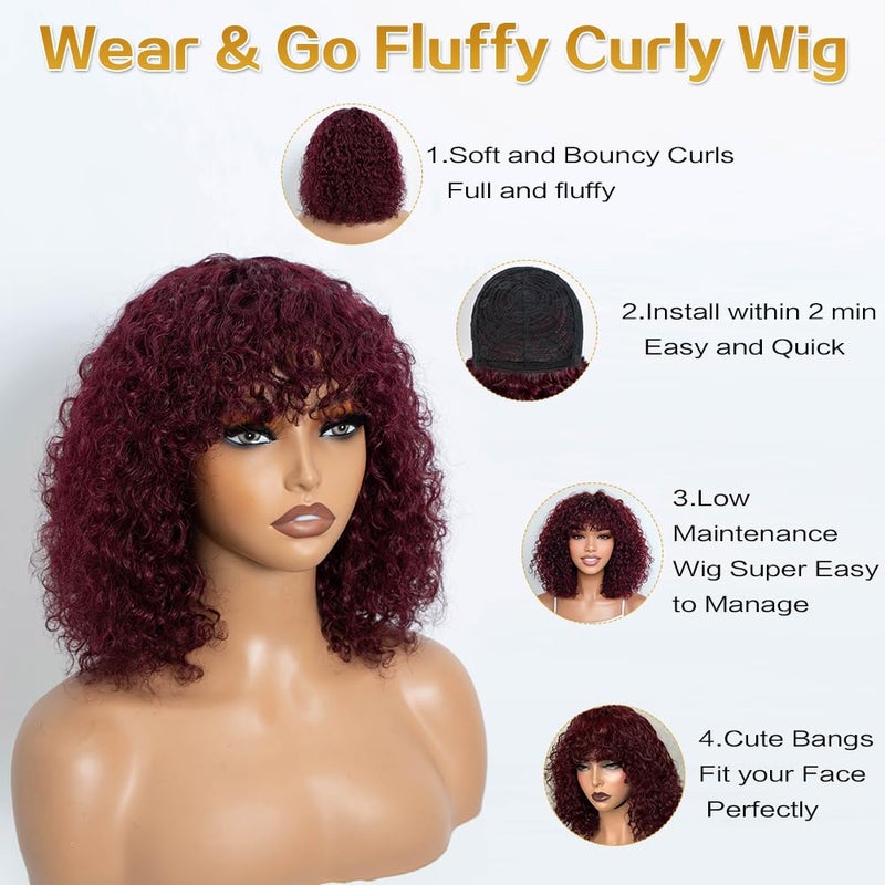 JOEDIR HAIR Wig Human Hair Wigs for Black Women Wear and Go Afro Curly Bob Wig with Bangs 12 Inches Water Wave Glueless Wigs 250% Density (99J / Burgundy) - Image 3
